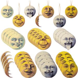 Feuid Gniea Christmas Wood Ornament Set - 29Pcs Christmas Party Vintage Man in the Moon Hanging Decor with Ropes for Xmas Trees, Gothic Home and Party Decorations Birthday Gift(3.15 Inch Wood Cutouts)