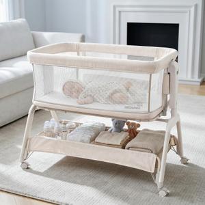 GROWNSY 5-in-1 Bassinet Bedside Sleeper with Gentle Rocking Mode, 6 Adjustable Heights, Full Breathable Mesh, Convertible to Portable Crib, Bassinets with Supportive Mattress & Wheels, Cream