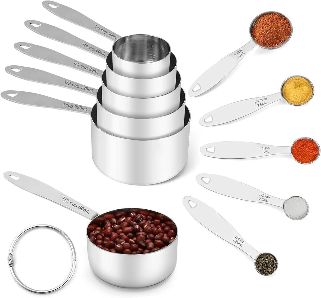 Joyhill Stainless Steel Measuring Cups and Spoons Set of 10 Piece, Nesting Metal Measuring Cups Set with Soft Touch Silicone Handles for Dry and Liquid Ingredients, Cooking & Baking (Silver)