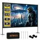 STWUI Outdoor-Projector-Screen-with-Stand - 120 inch Portable Projector Screen Indoor Outdoor Projector Screens 16:9 4K HD Lightweight Movie Screen with Carry Bag for Backyard Movie Night