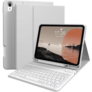 Kenke for iPad 11/10th Gen Case with Keyboard 11/10.9 inch 2025 A16/2022, Detachable Wireless Bluetooth Keyboard Case Thin & Light with Built-in Left Side Pencil Holder, White Square Keycaps (Gray)