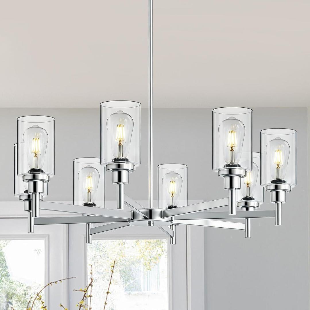 Modern 8-Light Chrome Chandelier, 31.5 Inch Farmhouse Chandeliers with Glass Lampshade, Industrial Hanging Light Fixture for Dining Room, Living Room, Kitchen Island, Foyer, Entryway, E26 Base