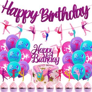 52 Pcs Gymnastics Birthday Decoration Set Gymnast Happy Birthday Banner Cake Topper 25 Cupcake Toppers Gymnastics Balloons for Girl Bday Glitter Party Supplies