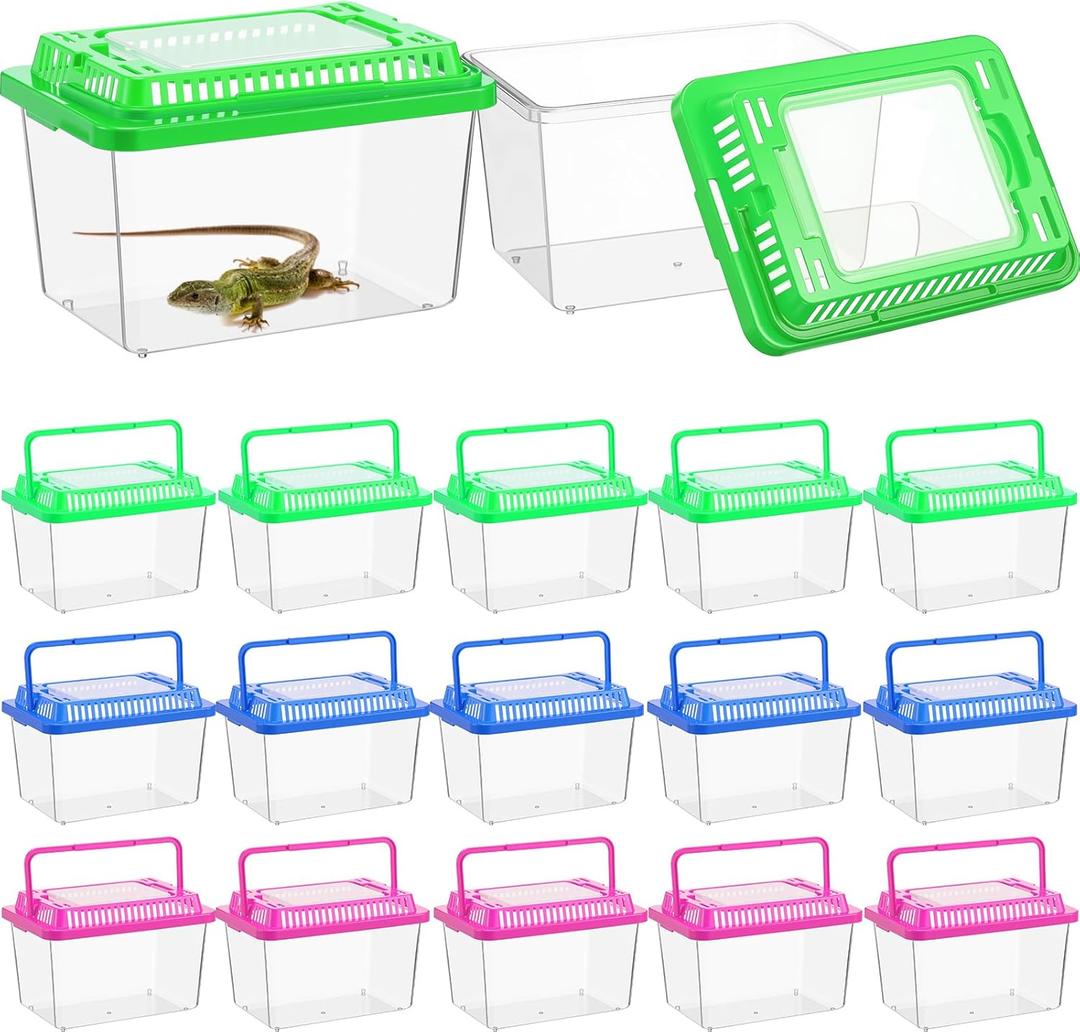 LemonRoad 15 Pcs Plastic Reptile Terrariums Carrier Cage Enclosure Snake Breeding Box Hatching Container Transparent Fish Tank with Ventilated Lid for Tarantula Spider Turtle Lizard (5.1x3.5x3.5 Inch)