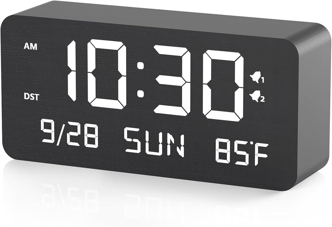 Wooden Digital Alarm Clock for Bedroom - Desk Clock with Date, Day of Week, Temperature, Dual Alarms, Dimmer, USB Port Charge, DST, Adjustable Volume for Living Room/Office Wood Decor (Black)