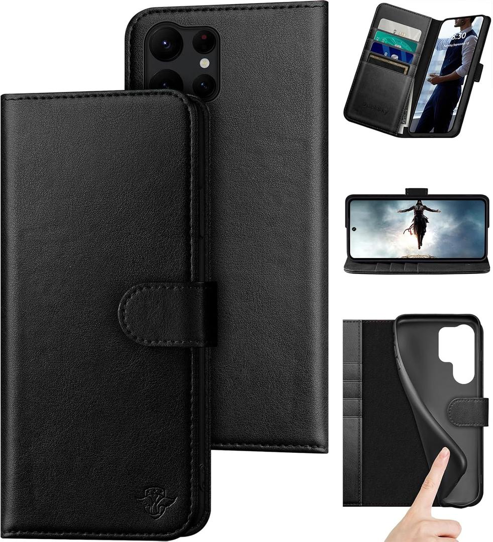 Compatible with Samsung Galaxy S25 Ultra Genuine Leather Wallet caseRFID Blocking4 Credit Card HolderReal Leather Flip Folio Book Phone case Cover Women Men for S25 Ultra case Black