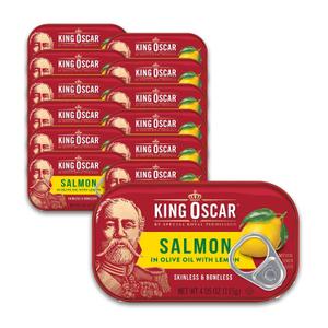 King Oscar Premium Salmon in Olive Oil with Lemon, 4.05-Ounce Cans (Pack of 12, Packaging May Vary), Skinless & Boneless Salmon (EXP 02/16/31)
