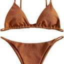 ZAFUL Women's Sexy Triangle Bikini Set Cami String Swimwear Texture High Cut Thong Swimsuit Cheeky Two Piece Bathing Suit (Coffee, XS)