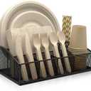 DysanVica Paper Plate Organizer for Countertop - Metal Silverware Caddy with 6 Compartments for Paper Plate Cup Napkin Utensil Holder Caddy for Party Camping Picnic Black
