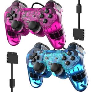 Degulan Wired Controller for PS-2 High Performance Double Shock Gamepad Joystick Remote Compatible with Play 2 (ClearPurple and ClearBlue)