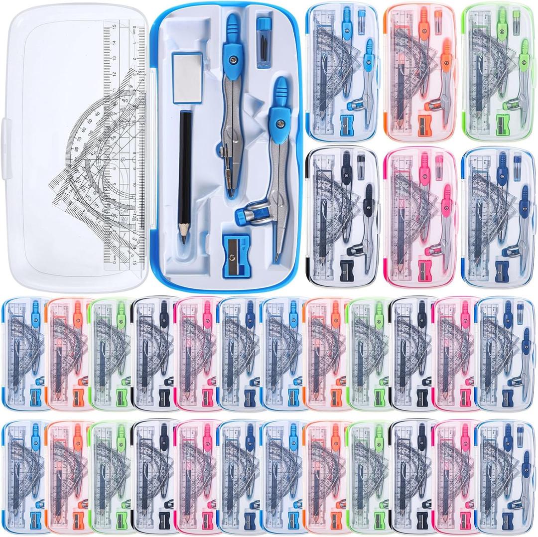 Zonon 24 Sets Math Geometry Kit Student 10 Pcs Shatterproof Storage Box Includes Compass, Rulers, Protractor, Eraser, Pencil Sharpener, Lead Refills, Pencil for Back to School Students Class Teacher