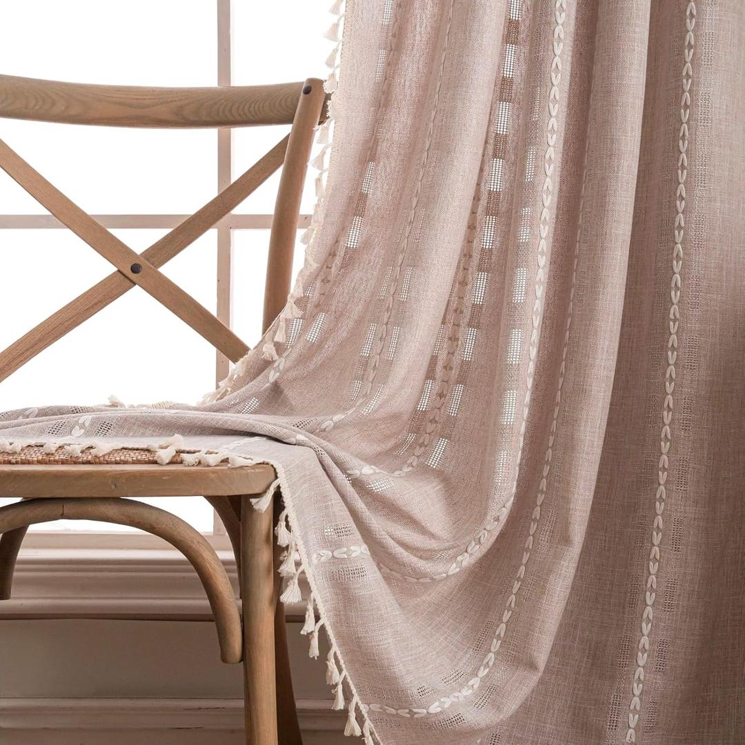Deeprove Boho Curtain 72 inches Length for Living Room Bedroom, Light Brown Bohemian Coffee Linen Sheer 72 inches Long Tassel Stripe Embroidery Privacy Window Treatment W52 x L72, 1 Panel Natural