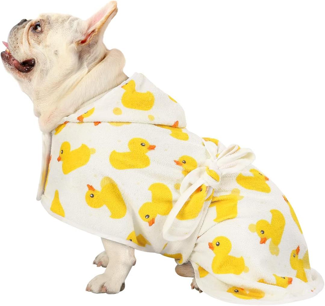 HDE Dog Bathrobe Super Absorbent Quick Drying Puppy Towel Wrap Coat Adjustable After Bath Robes with Hood for Dog Sizes White Rubber Ducks Small