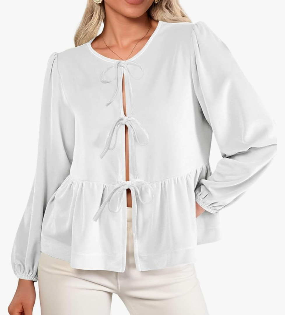 Cicy Bell Womens Cute Tie Front Peplum Velvet Tops Puff Long Sleeve Babydoll Shirts Casual Blouses 2025 Fall Outfits, Size: L