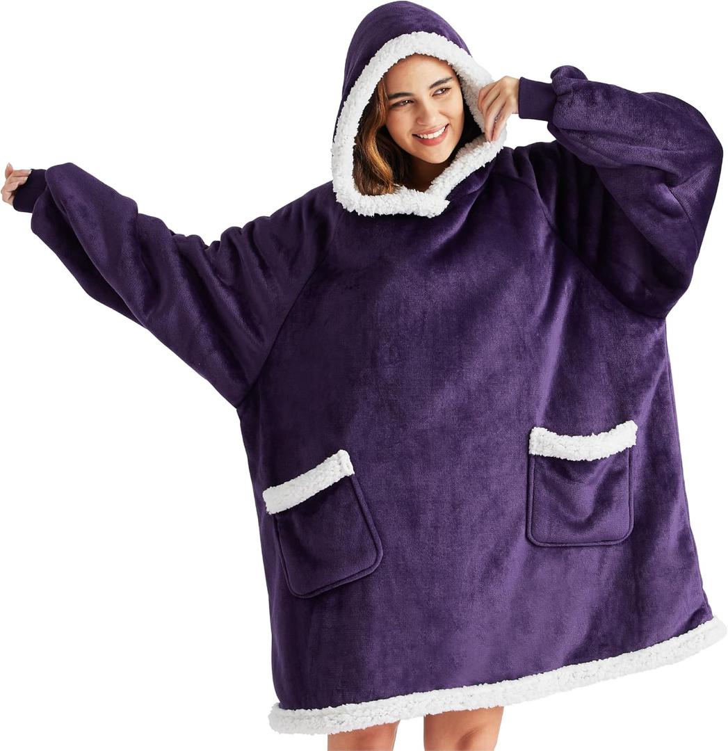 Bedsure Blanket Hoodie, Wearable Blanket Hoodie as Gifts for Mom, Birthday Gifts for Women Kids Teens Sherpa Sweatshirt, Ultra Violet, Small