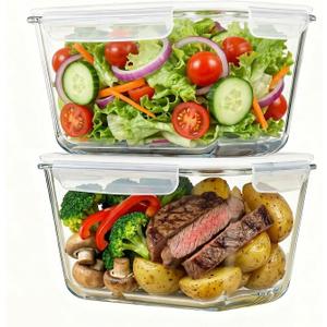 2 Pack Large Glass Food Storage Containers with Lids 85oz/10.5cup Big Airtight Storage Containers for Rotisserie Chicken Meal Prep Leftovers, BPA Free & Leak Proof, Microwave, Oven Safe (Transparent)