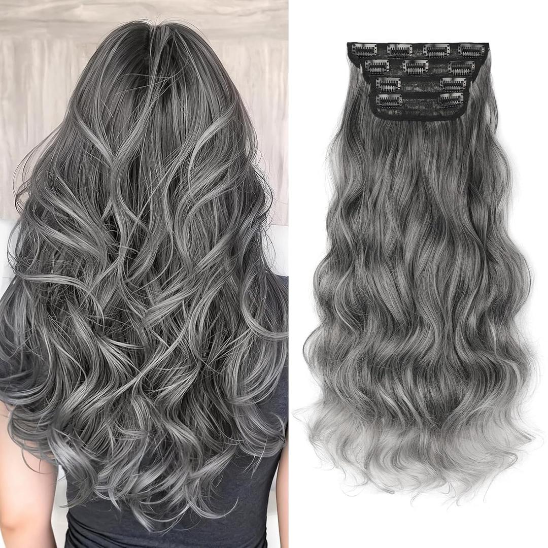 Kookastyle Clip in Hair Extensions, Natural Long Layered Soft Invisible Synthetic Curly Hairpieces for Women,4 pcs(20 InchGrey/Sliver Mixed)
