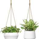 Mkono Ceramic Hanging Planter of Shallow 8 Inch and Deep 6 Inch for Indoor Outdoor Plants, Set of 2 Modern Plant Pot Geometric Porcelain Hanging Basket with Polyester Rope Hanger