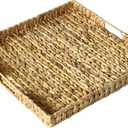 Extra Large Square Ottoman Table Tray 19.7" with Handles - Handmade Wicker Serving Hand Woven Tray for Farmhouse Decorative Oversized Coffee Table Trays Living Room Kitchen Counter Breakfast (20" x 20" x 2", Square-water Hyacinth-flat)