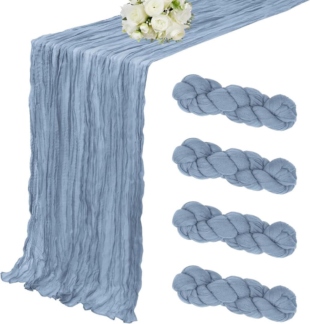4 Pack Dusty Blue Cheesecloth Table Runner 35 x 120 Inch Boho Gauze Rustic Cheese Cloth Table Runner 10 FT Long Fabric Semi Sheer Table Runners for Romantic Wedding Birthday Party Table Decor