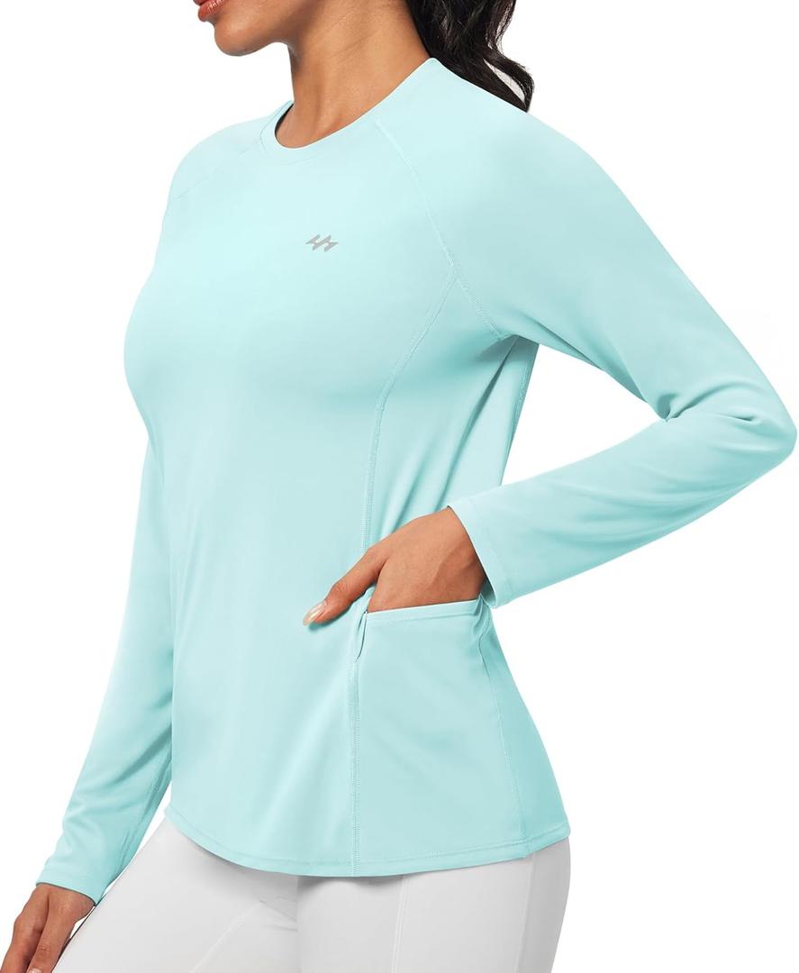 Rash Guard for Women UPF 50+ SPF UV Protection Long Sleeve Workout Tops Swim Shirt Dry Fit Sun Shirts with Pockets (Small, Light Green)