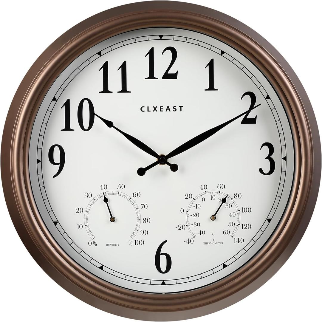 CLXEAST Indoor Outdoor Clocks Waterproof 16 Inch, Large Outdoor Clock Thermometer Combo& Hygrometer,Bronze/Dark Brown Finish,House Warming Gifts New Home