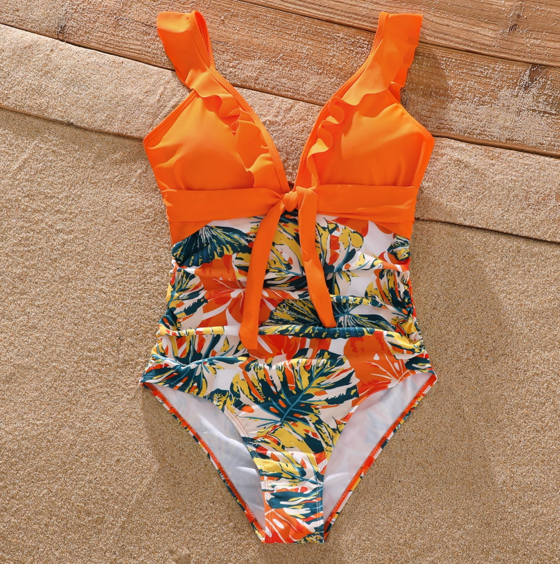 PATPAT Women's Swimwear Floral Print Sleeveless Ruffled One Piece Bathing Suits (Medium)