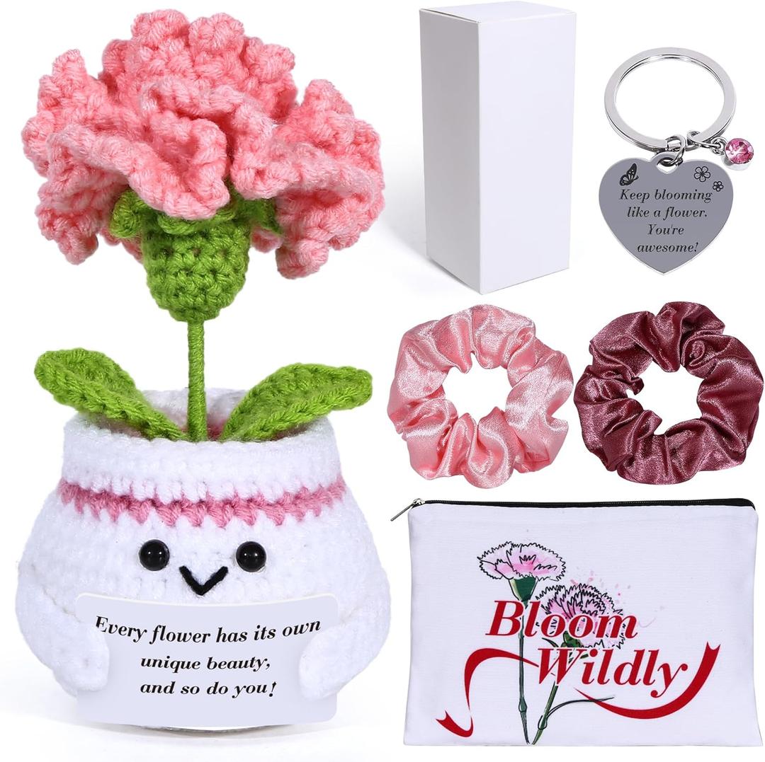Crochet Carnations Cosmetic Bag Keychain Sets Gifts, Emotional Support Positive Flowers, Inspirational Keychain, Positive Birthday Thanks Gifts for Her Women Teacher Friends Family Nurse Yourself