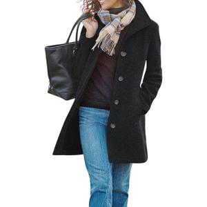 CHARTOU Women's Casual Thicken Wool Blend Stand Collar Single Breasted Pea Coat (Medium, Black)