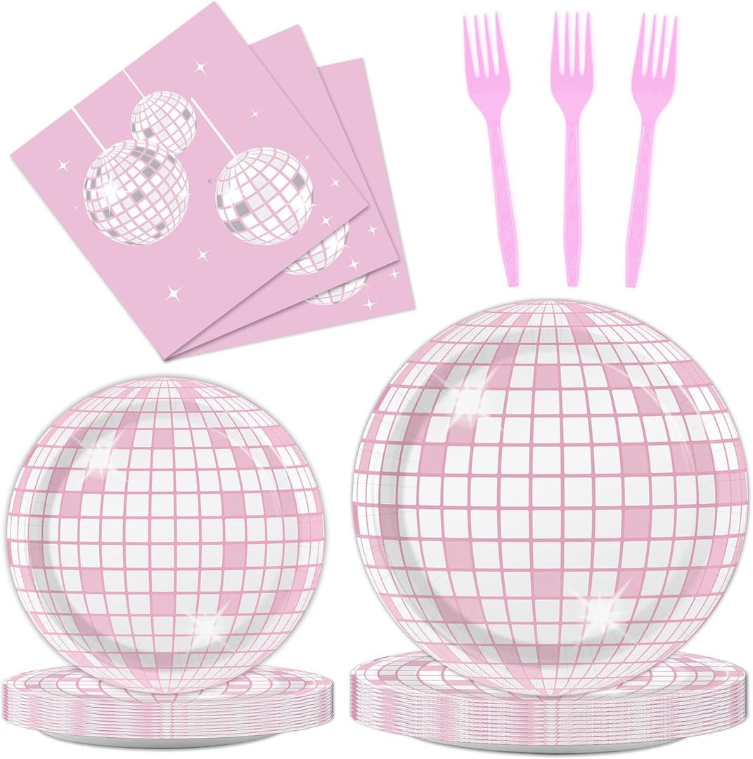 96PCS Pink Silver Disco Party Plates Napkins Disco Birthday Decoration 70s Theme Disposable Paper Cake Tableware Serve 24 Guests Women Girls Baby Shower Bachelorette Wedding Birthday Party Favor