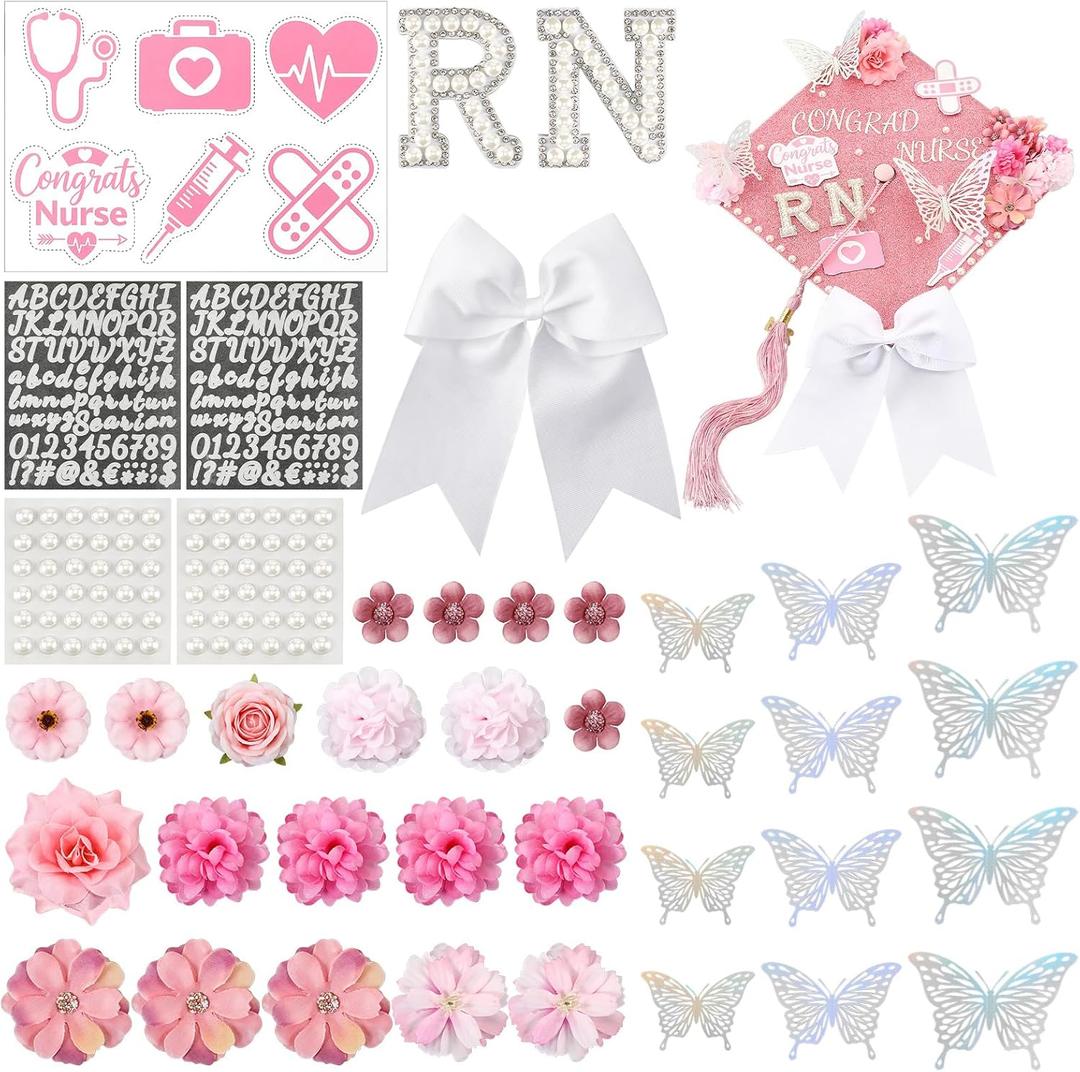 Gersoniel Nurse DIY Graduation Cap Decorations Kit Flower, Butterflies, Bow, Pearl Stickers, and Glitter Letter Number Decals