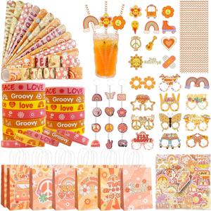 Groovy Party Favors Hippie Retro Boho Themed Birthday Party Decorations Supplies Include Keychains Bracelets Goodie Bags Stickers Game Toy Set Gifts for Pinata Filler