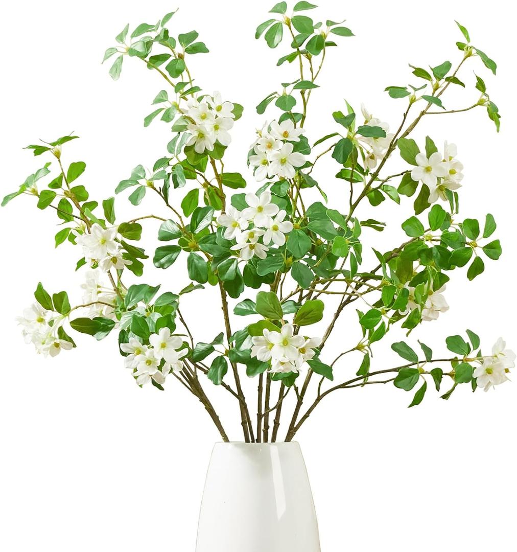 Heleze 3 PCS 43.3 Inch Artificial Greenery Stems Fake Branches with Leaves for Vase Faux Plants Silk Flowers for Home Decor Indoor Serenity Blossoms White