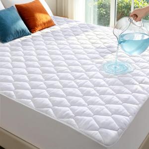 King Size Mattress Protector Waterproof Washable Mattress Padded Cover Fitted Bed Protection Noiseless Plastic Bed Pad Deep Pocket Up to 18“ Soft and Breathable（White）