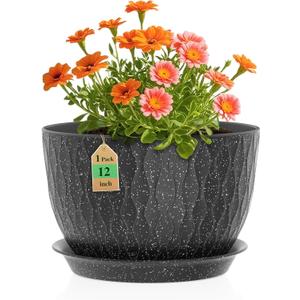 WSMKSZ 12 Inch Wide Water Ripples Flower Pots for Indoor or Outdoor Plants, Large Plant Pots with Drainage Holes & Saucer, Plastic Planters Set for Garden & Home Decor (Black with White Speckles)
