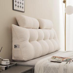Headboard Pillow Queen Bed Wedge Pillow,Featuring Two Neck Pillow,Two Backrest Pillow And Two Large Side Pockets, Removable Cover, For Bed Rest Reading Pillow Sofa Bed Pillow,Teddy Velvet/Beige (Queeen)