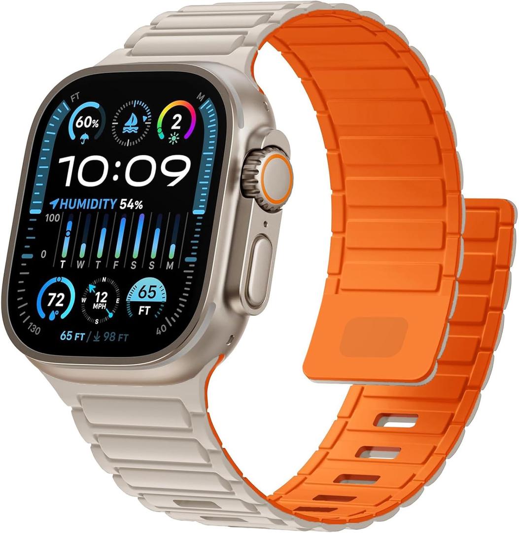 Magnetic Sport Band for Apple Watch Ultra/2/3 Band 49mm 45mm 46mm 44mm 42mm 41mm 40mm 38mm for Apple Watch Bands for Men,Silicone Link Loop Wristband Strap iWatch Series 11 10 9 8 7 6 5 4 3 se 2nd 3nd (02-starlight orange)