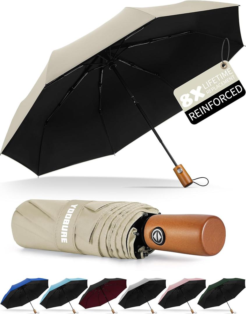 Yoobure Windproof Travel Umbrella with Wood Handle, Automatic Umbrellas for Rain & UV Sun Protection, Compact 46" Large Canopy, Lightweight Backpack Portable for Walking & Outdoor (Beige)