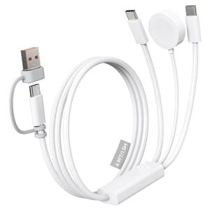 ZEEHOO Multi Charging Cable, 100W Dual USB C Charger Cable, for Apple Watch Charger, 3 in 1 Fast Charging Cable, iPhone 17/16/15 Pro, iPad, MacBook, AirPods, Nylon Braided Travel Cable (White)