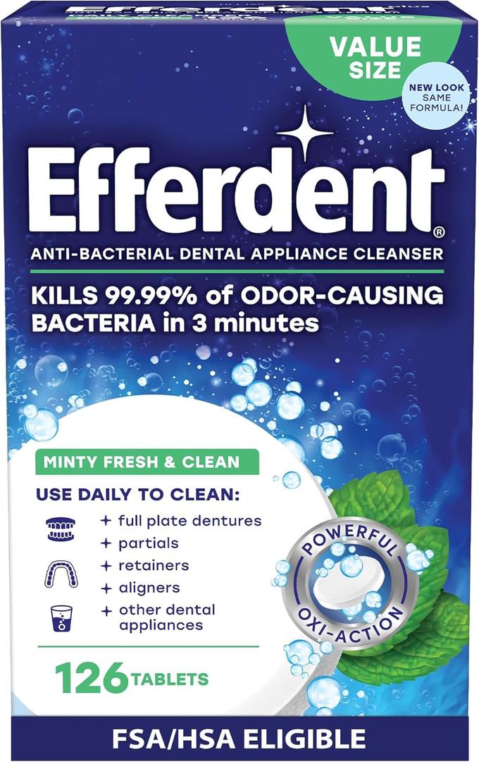 2 x Efferdent Denture Cleaner Tablets Dental Appliances, Aligners, Mouth Guard, and Retainer Cleaner Tablets, Minty Fresh & Clean, 126 Count