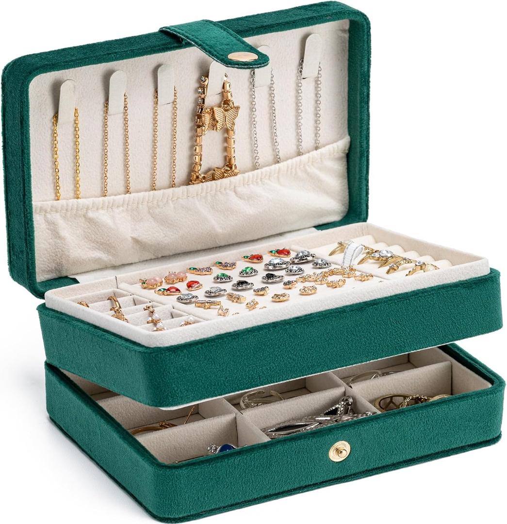MODENGKONGJIAN Jewelry Organizer Box, 2-Layer Large Jewelry Storage Case, Portable Travel Jewelrys Display Holder for Earrings, Necklaces, Bracelets (Green,Velvet)