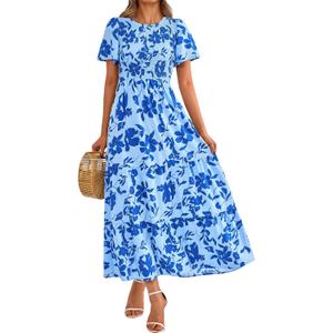 PRETTYGARDEN Women's 2026 Summer Casual Flutter Short Sleeve Boho Floral Maxi Dress Crew Neck Smocked Tiered Long Dresses (XX-Large)