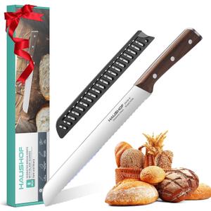 HAUSHOF Bread Knife with Sheath, 8-Inch Serrated Bread Knife for Homemade Bread, 5Cr15Mov Premium Stainless Steel Bread Cutter with Gift Box for Mom Dad, Full Tang and Ergonomic Handle