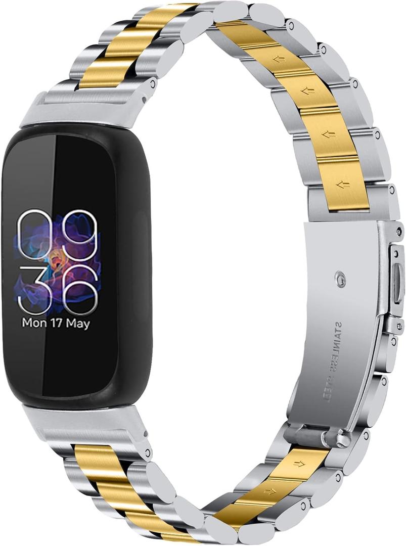 Stainless Steel Band Compatible with Fitbit Inspire 3, Adjustable Metal Watch Bands Bracelets Wristband Replacement for Women Men(Silver-Gold)