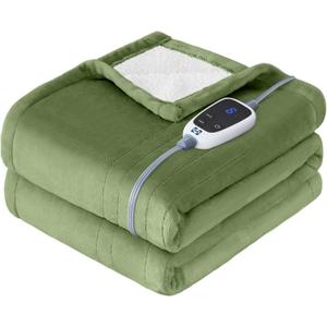 Sealy Heated Throw Blanket, Flannel & Sherpa Electric Throw with 6 Heat Settings & 2-10 Hours Auto Shut Off, Fast Heating & Machine Washable, 50x60 Inch, Green