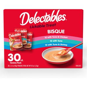 Delectables Lickable Treat Bisque Wet Cat Treat Variety Pack, Food Topper, Hydrating, Grain-Free, No Fillers, No By-Products, No Added Preservatives, 1.4oz Pouch, 30ct (BBD - 05/22/27)