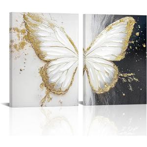 xiysien Hand-Painted Textured Butterfly Wall Art 3D Oil Painting Gold Foils Butterfly Canvas Artwork for Home Decor 12''x16''x2PCS