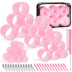 4 Sizes Self-Grip Hair Rollers Set for Long, Short Hair and Bangs - 50 Pcs with Clips (25mm, 36mm, 48mm, 60mm), Pink