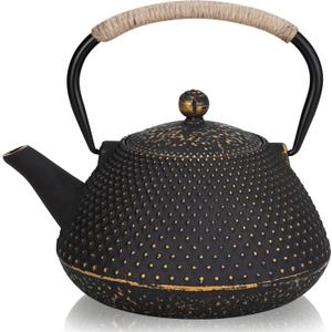 Cast Iron Teapot, 25 oz (750 ml) Japanese Tetsubin Tea Pot with Infuser for Stovetop Safe, Tea Kettle with Enameled Interior for Loose Leaf Tea and Tea Bags (Golden)