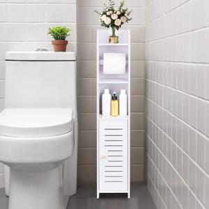 LuiceABC Toilet Paper Holder Stand, Over The Toilet Storage Cabinet for Bathroom, Slim Corner Shelf for Small Space Storage, Small Bathroom Storage Cabinet with Toilet Roll Holder & Door - White (6.69 x 5.9 x 30.7 inch)